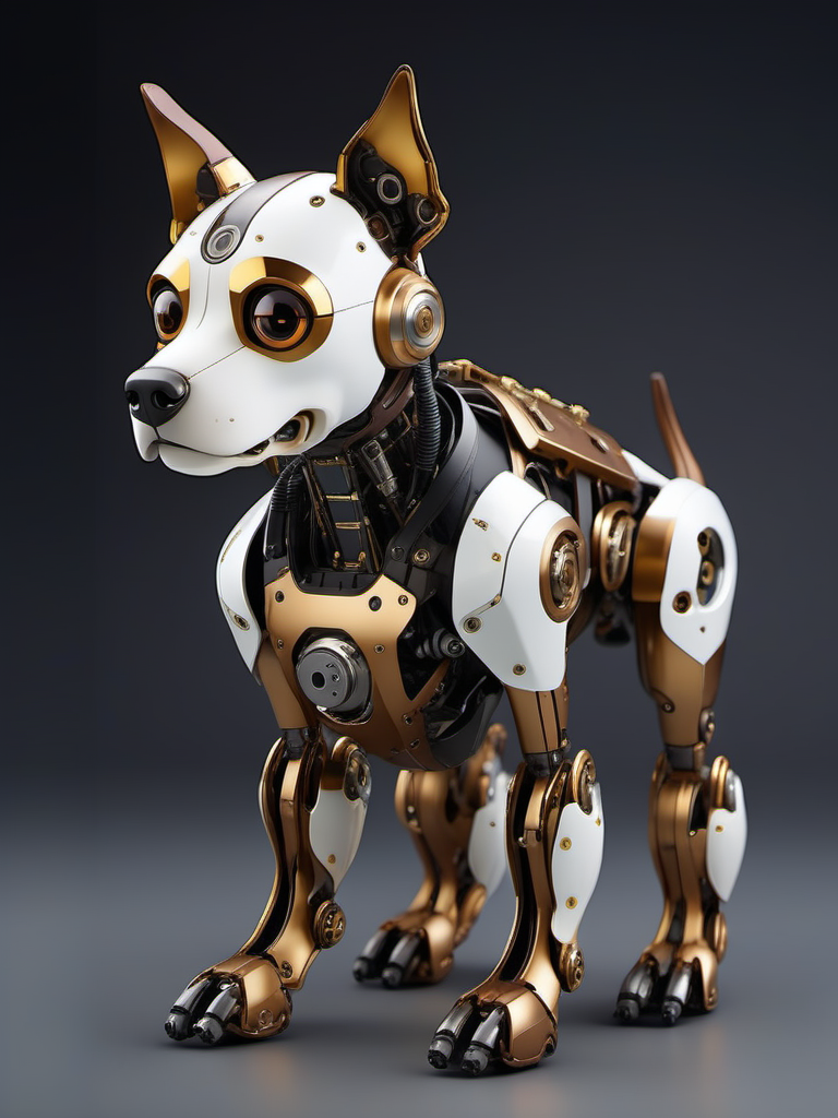 jixie,This is a mechanized dog with a cyberpunk style. The dog's whole body is full of a large number of mechanical structures. It has transparent dark brown eyes. Its body is mainly white and gold,with black as an embellishment,indicating that its design is both functional and beautiful. The robot's limbs have mechanical joints. Dark background,<lora:ä»¿çæºæ¢°V1:0.6>,