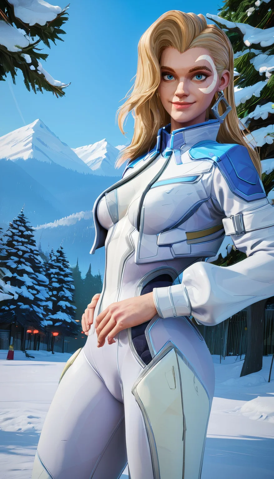 zPDXL3, <lora:DaggerMR:.7>,
dggrmr, woman, blue eyes,facial mark,single earring,long blonde hair, medium breasts, white bodysuit,cropped jacket,long sleeves, looking at viewer, smiling, standing, hands on hips, outside, park, trees, snow, blue sky, mountain,