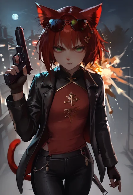 score_9, score_8_up, score_7_up,
solo, 1girl, skinny, catgirl, tail, bob hair, red hair, green eyes, slit pupils, fissure eyes, smile, detailed eyes,
hair ornament, red long shirt, satin shirt, wide millitary pants, chinese clothes, leather jacket, (sunglasses), boots, fingerless gloves, fully clothed,
night, japan city, holding gun, serious face, concentrated, action pose, full body,
fang, explosion, moon, looking side, front view,from above, good hands,
<lora:Expressive_H:0.3>, <lora:as109Style:0.8>, <lora:LLDN:0.6>, <lora:Niji-Art_Style_by_Uoh:0.4>, <lora:low-key_lights_v2:0.3>, n3ko, <lora:anti_human_ears:1>,