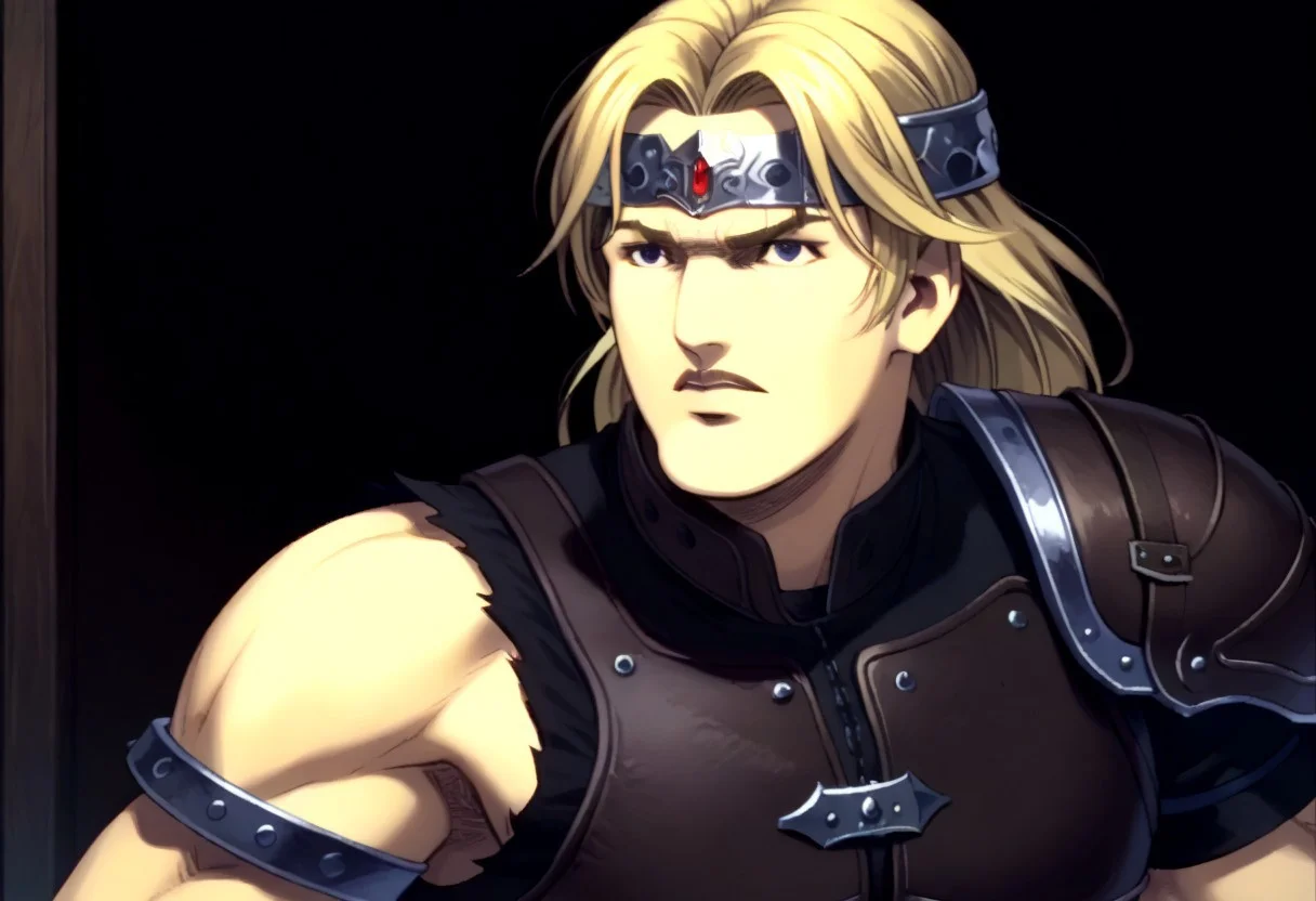 score_9, score_8_up, score_7_up, detailed background, cromartie, 1 boy, shade face, cromartie, simon belmont, simonbel, leather armor, jeweled headband, stylized brown breastplate, shoulder length blonde hair, solo