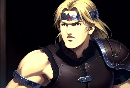 score_9, score_8_up, score_7_up, detailed background, cromartie, 1 boy, shade face, cromartie, simon belmont, simonbel, leather armor, jeweled headband, stylized brown breastplate, shoulder length blonde hair, solo