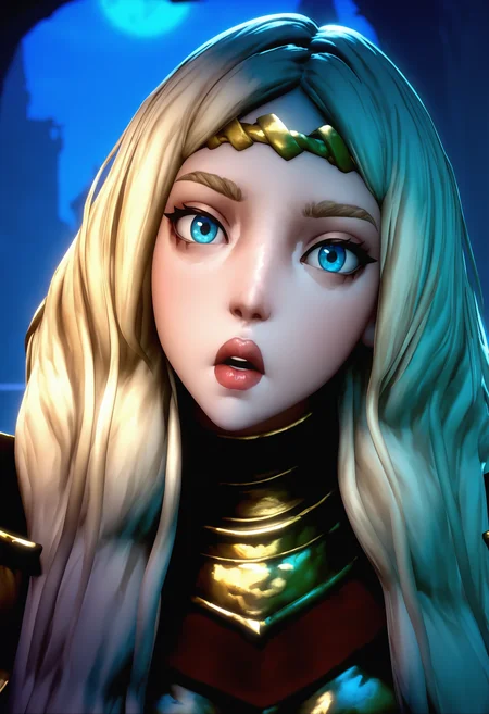 masterpiece, good quality, best quality, absurdres, highres, official art, game cg, anime screenshot, cinematic lighting, Sel1ne, 3d, 1girl, blue eyes, long hair, blonde hair, lips, :o, circlet, teeth, armor, pauldrons, breastplate, rerebrace, portrait, looking at viewer, head tilt, outdoors, night, <lora:Sel1ne:1>