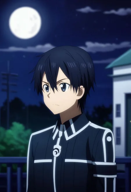 high resolution, professional photography, solo, best quality, 1Boy, Kazuto Kirigaya, Black Hair, Black Eyes, depth of field, bright moon, fantastic night, stary sky, dreamlike, midle of bridge, OverallDetail