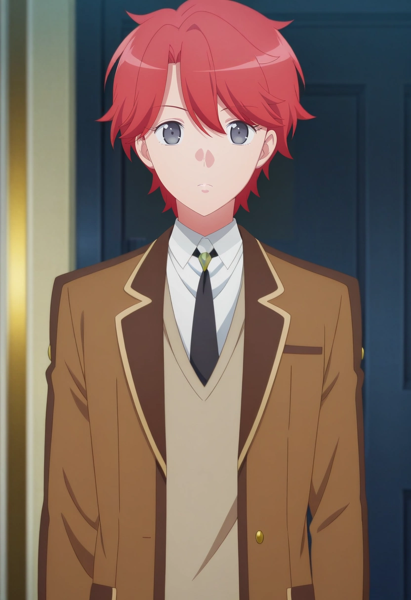 masterpiece, best quality, , anime screencap, anime coloring, official style, looking at viewer, 1boy, solo, male focus, <lora:sirius_dieke_ilxl:0.92>, sirius_dieke, red hair, grey eyes, short hair, brown jacket, black necktie, school uniform, white shirt, collared shirt,