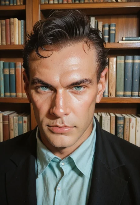 score_8, score_8_up, score_7_up, traditional media, 1boy, male focus, solo, DE007, black hair, asymmetrical hair, aqua eyes, portrait, collared shirt, black jacket, indoors, manly, bookshelf, photo (medium)