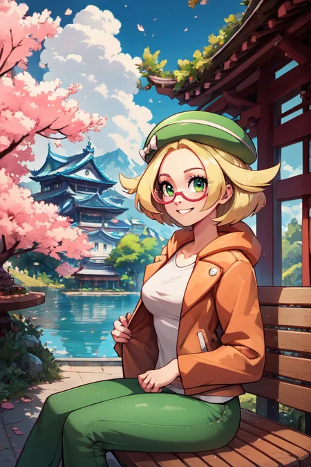 score_9, score_8_up, score_8, medium breasts, (curvy), cute, eyelashes, BREAK, , ,,, zzBianca, blonde hair, short hair, green eyes, green hat, glasses, orange jacket, white shirt, green pants, <lora:Bianca_Pokemon_PDXL:0.8>, ,,,, BREAK, sitting on bench, side view, smile, looking at viewer, cowboy shot, ,,, BREAK, pnkBldng, sky, day, cloud, tree, blue sky, building, architecture, east asian architecture, ,,, BREAK, embedding:zPDXL, Expressiveh, ,,, <lora:PinkBuildingsPDXL_v2:0.6>, <lora:SDXLFaeTastic2400:0.5>, <lora:Expressive_H-000001:0.4>
