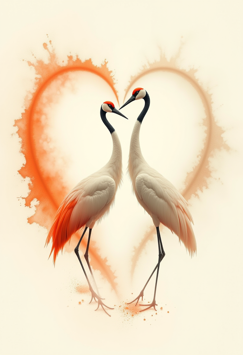 Step into a mesmerizing realm where impressionism meets minimalism, in a delightful portrayal of love on Valentine's Day. Two majestic cranes perform an intricate dance of affection, their feathers vibrating with the energy of bursting oil splashes against a mystical backdrop. The gentle movement creates a heart-shaped swirl that encapsulates their harmonious bond. Capturing this ephemeral moment requires a double exposure of the central figures, highlighting the intertwining of souls amidst a world steeped in romantic enchantment. As you gaze upon this painting-like scene, allow the fluidity of time and emotion to wash over you, entwining your heart with the ethereal dance unfolding before your eyes. ,<lora:flux/Expressionist_Painting_Style.safetensors:1.0:1.0>