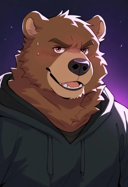 hoggan,furry,anthro,male,bear,brown fur, hooded garment,dark background BREAK score_9_up,score_8_up,score_7_up,score_6_up,score_5_up,score_4_up,normal quality,