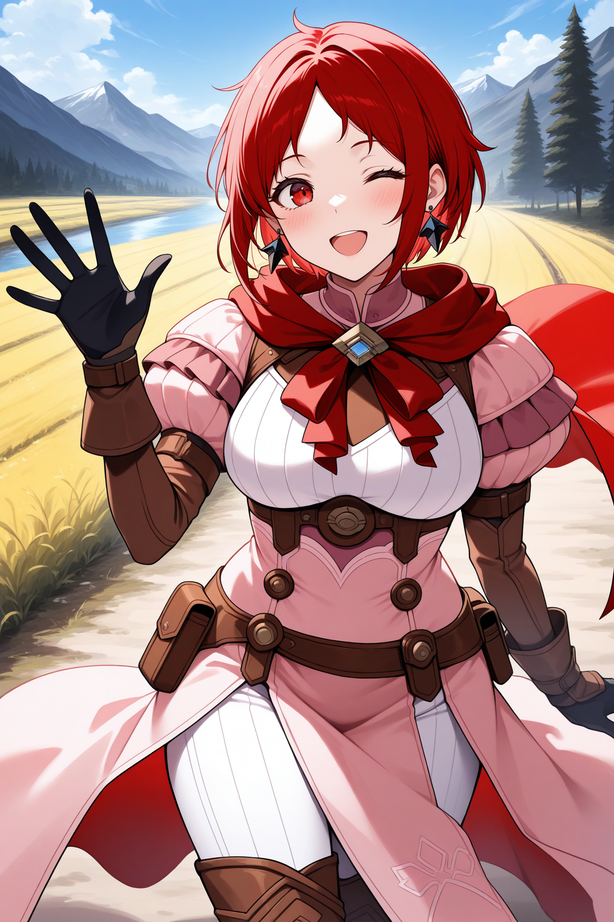masterpiece, best quality, 1girl, solo,  <lora:femonica-illu-nvwls-v1-000006:1> 3hpmc, red hair, short hair, red eyes, earrings, red cape, puffy sleeves, pink dress, underbust, brown sleeves, black gloves, belt pouch, white leggings, thigh boots, brown boots, cowboy shot, looking at viewer, waving, wink, happy, open mouth, blush, blue sky, field, mountains, river