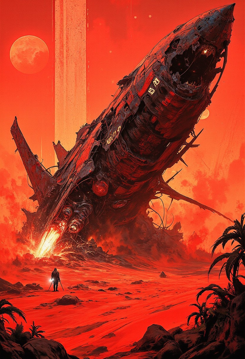 A massive spaceship crash site in a vast red desert, dark, hazy and misty, dusty, its sleek metallic frame twisted and broken, partially buried in the crimson sand. ship black and red with a number on it "502", Smoke and sparks rise from the wreckage, with shattered panels and glowing engine parts scattered around. The sky above is an eerie orange-red, with two distant suns casting long shadows. Strange alien flora has begun to creep around the wreck, and faint silhouettes of explorers with flashlights are visible inspecting the site, adding a sense of mystery and scale.