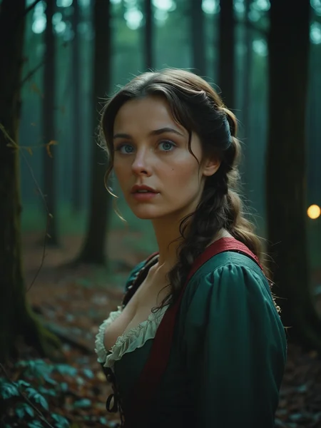 this Technicolor filmstill was shot with a 35mm Arriflex camera and an Angenieux 25-250mm f/3.2 lens. it shows cute russian 30 y.o. woman in the eerie woods at night, afraid <lora:breasts_slider_v2:4>, set in the 19th century