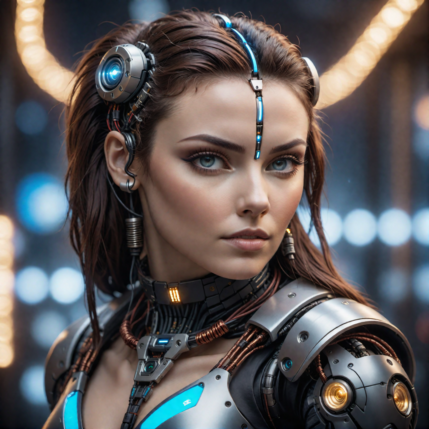 cinematic photo detailed closeup portraid of a Beautiful cyberpunk woman, robotic parts, cables, lights, text; "fenrisxl", high quality photography, 3 point lighting, flash with softbox, 4k, Canon EOS R3, hdr, smooth, sharp focus, high resolution, award winning photo, 80mm, f2.8, bokeh . 35mm photograph, film, bokeh, professional, 4k, highly detailed, high quality photography, 3 point lighting, flash with softbox, 4k, Canon EOS R3, hdr, smooth, sharp focus, high resolution, award winning photo, 80mm, f2.8, bokeh