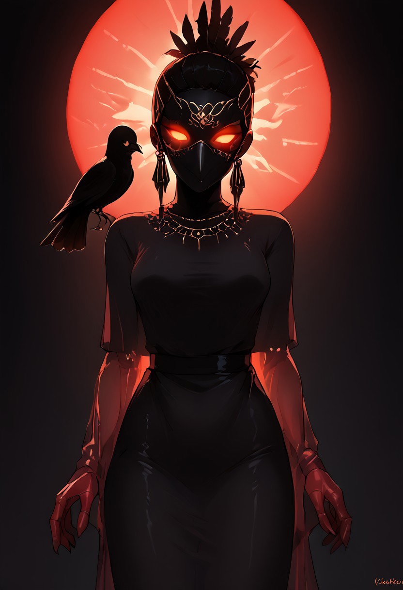 score_9, score_8_up, score_7_up, 1girl, wtsstadamit, silhouette, dress,see-through, BirdMask, Long Beak, Feathers Mask, mummification \(bound\), g0th1c, glowing, neon lights, glowing eyes, best quality, perfect body
