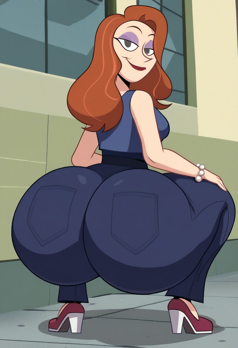 solo,Dorothea Davenport from TGAMM,brown dot eyes,cheekbone,orange hair,long hair,blue shirt,blue pants,purple eyeshadow,red lipstick,medium breasts,small waist,huge hips,looking at viewer,smile,closed mouth,pearl bracelet
hyper ass,squatting,back view,ass focus