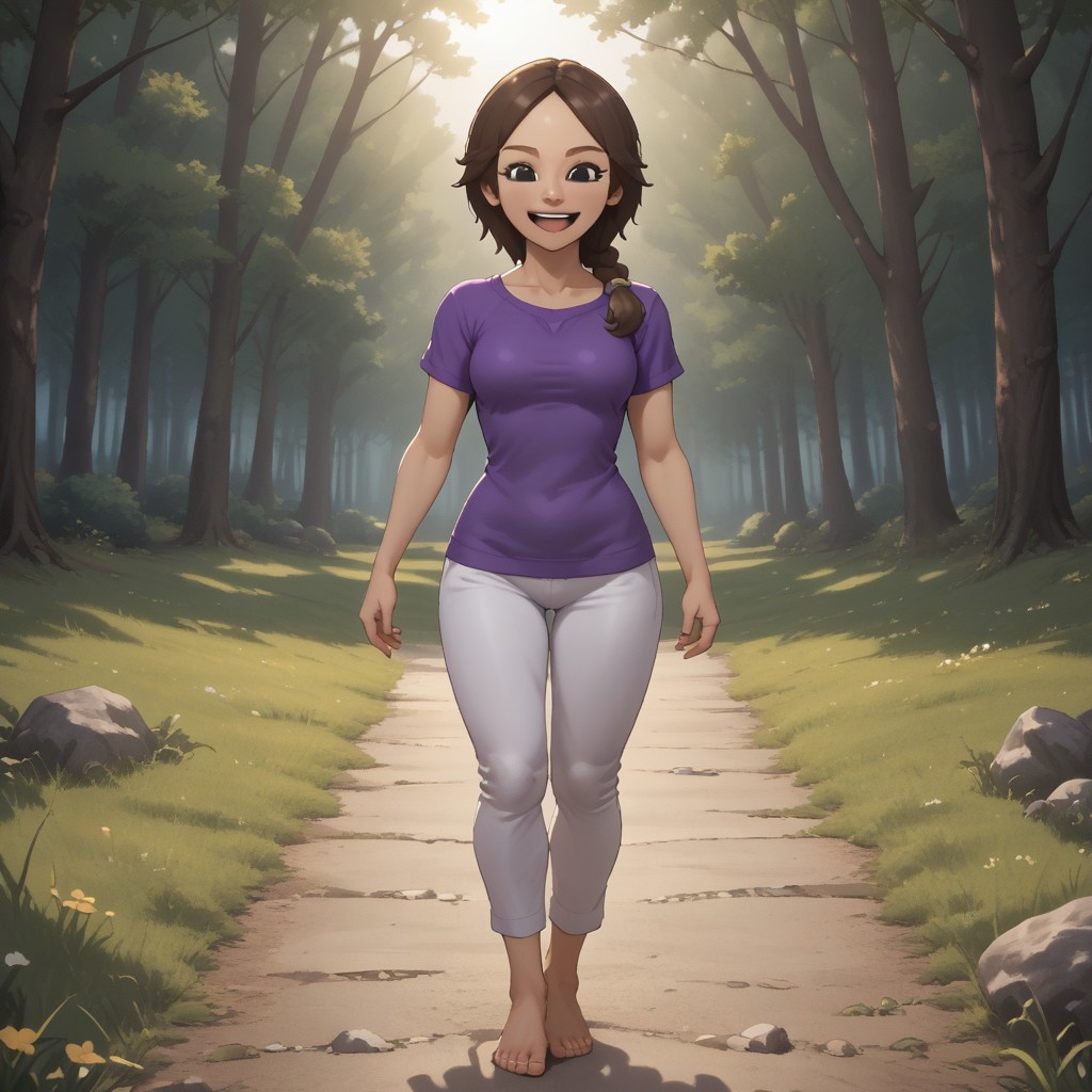 score_9, score_8, BREAK, solo, wii, mii, wii fit, 1girl, female mii, brown hair, dark blonde eyebrows, black eyes, open mouth, purple clothing, white pants, barefoot, cute, Maeda_(Wii_Fit), breasts, nintendo mii, modern_mii, classic_mii, full body, sexy pose, smile, outdoors, sunlight, shadows, evening lighting, natural lighting, forest, trees, grass, orange sky, sunset