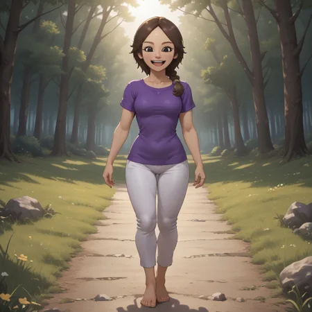 score_9, score_8, BREAK, solo, wii, mii, wii fit, 1girl, female mii, brown hair, dark blonde eyebrows, black eyes, open mouth, purple clothing, white pants, barefoot, cute, Maeda_(Wii_Fit), breasts, nintendo mii, modern_mii, classic_mii, full body, sexy pose, smile, outdoors, sunlight, shadows, evening lighting, natural lighting, forest, trees, grass, orange sky, sunset