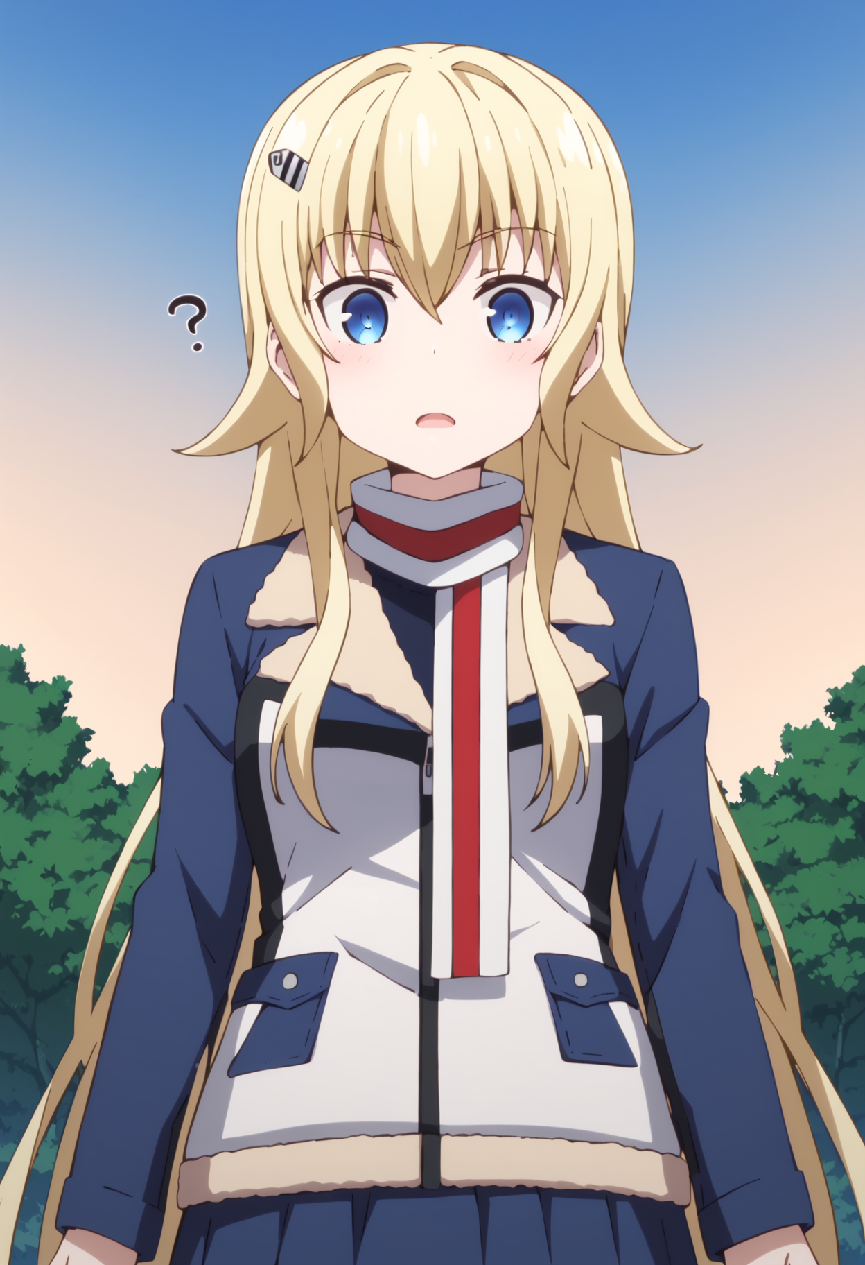 score_9, score_8_up, score_7_up, source_anime, rating:explict, uncensored, 1girl, 
BREAK,
 <lora:claudia_bruford_ponyXL_v1:1> claudia bruford, blue eyes, blonde hair, long hair, hair ornament, scarf, hairclip, jacket, skirt, looking at viewer, confused, outdoors, sky, open mouth, hands in front of chest,