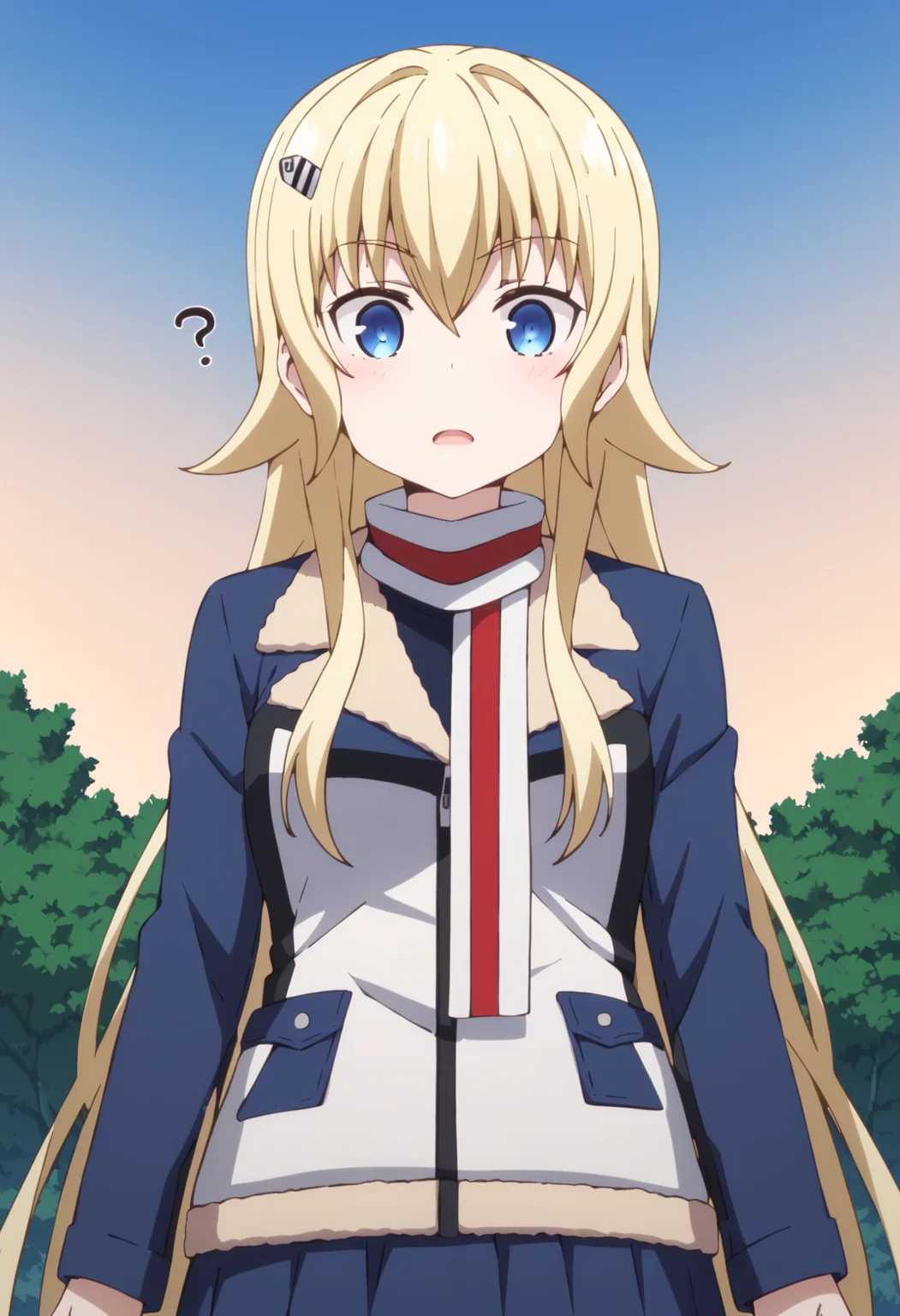 score_9, score_8_up, score_7_up, source_anime, rating:explict, uncensored, 1girl,
BREAK,
<lora:claudia_bruford_ponyXL_v1:1> claudia bruford, blue eyes, blonde hair, long hair, hair ornament, scarf, hairclip, jacket, skirt, looking at viewer, confused, outdoors, sky, open mouth, hands in front of chest,