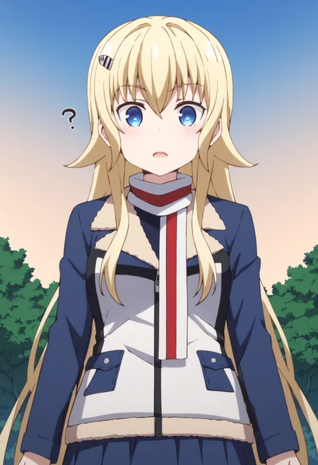 score_9, score_8_up, score_7_up, source_anime, rating:explict, uncensored, 1girl,
BREAK,
<lora:claudia_bruford_ponyXL_v1:1> claudia bruford, blue eyes, blonde hair, long hair, hair ornament, scarf, hairclip, jacket, skirt, looking at viewer, confused, outdoors, sky, open mouth, hands in front of chest,