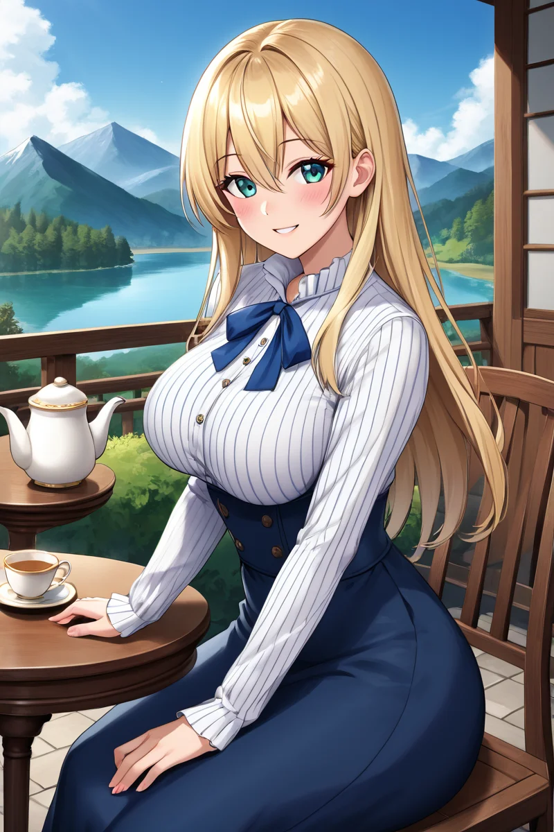 1girl, long hair, large breasts, looking at viewer, blush, smile, bangs, skirt, blonde hair, shirt, long sleeves, ribbon, hair between eyes, green eyes, white shirt, pinstripe shirt, solo focus, aqua eyes, (blue skirt), blue ribbon, (long skirt), house, outdoor, mountain, lake, cowboy shot, high-waist skirt, sitting on the chair, table, tea pot, tea set, a cup of tea