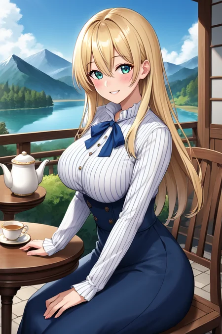 1girl, long hair, large breasts, looking at viewer, blush, smile, bangs, skirt, blonde hair, shirt, long sleeves, ribbon, hair between eyes, green eyes, white shirt, pinstripe shirt, solo focus, aqua eyes, (blue skirt), blue ribbon, (long skirt), house, outdoor, mountain, lake, cowboy shot, high-waist skirt, sitting on the chair, table, tea pot, tea set, a cup of tea