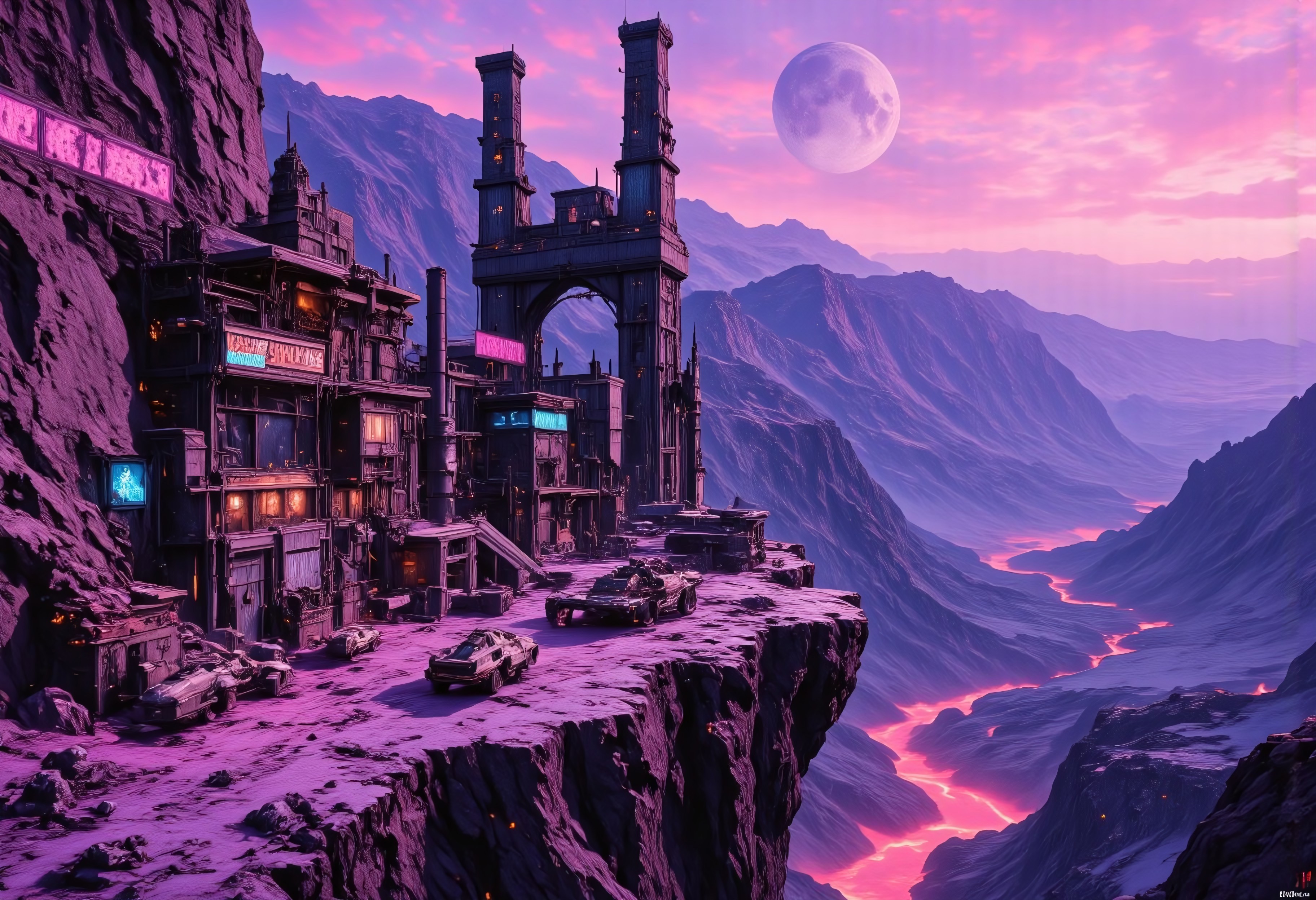 OBxiaoxiang, CAICO, inksketch purple and lavender theme, Abstract digital painting in the style of ck-js, detailed photorealistic image, a sci-fi Miningstation of colossal buildings and towers in a barren lavender lush landscape, looking like an Mining Outpost perched at the Cliff, a smelter attached to the structures, of a volcanic cliff, its sleek towers a stark contrast to the cliffs surrounding it. The planet’s sun casts a vivid, cyan surreal light across the station, while deep fissures reveal glowing rivers of molten pink lava far below. The sky is a surreal shade of black and purple, dark glowing diodes and lights ((dark glowing diodes, lights and neon signs), Firestorm Inc. written on the neon signs), attached to the building is a landing field with 3  Spaceships landed on it, Dragonkin like creatures are around fixing some spaceships, two moons hanging low in the horizon, each reflecting light off the surface, large depth of field. The sky is a dark pink, with 2 broken moons hanging low in the horizon <lora:more_details>
realistic, detailed background, shaded, detailed, hi res, realistic, photography \(artwork\), (by kenket), by ross tran, by michael & inessa garmash, by pino daeni, by isvoc, by kiguri, by alena aenami, by ruan jia, (by zenthetiger, by wolfy-nail), by Enki Bilal, by drmax, photorealism, <lora:add_detail:1.3