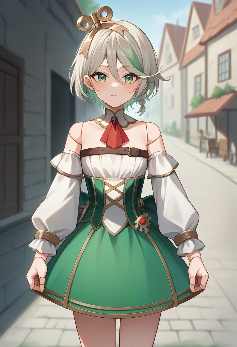 score_9,score_8_up,score_7_up,score_6_up,score_5_up,score_4_up,
1girl, cecilia immergreen, short hair, side braid, white strapless sleeveless shirt, white detached sleeves, detached collar, red ascot, cross-laced green corset, green skirt, winding key, doll joints, gears, gold trim, long sleeves,
solo, cowboy shot, looking at viewer, outdoors, village,
<lora:ceciliaponyxl4-10:1>