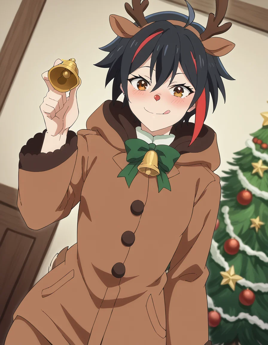 score_9, score_8_up, score_7_up, source_anime, <lora:maou2099-takahashi-s1-ponyxl-lora-nochekaiser:1>, maou2099 takahashi, short hair, black hair, brown eyes, ahoge, red hair, multicolored hair, streaked hair, mature female, small breasts, anime screencap,, <lora:reindeer-costume-ponyxl-lora-nochekaiser:1>, reindeer costume, animal costume, reindeer antlers, antlers, fake antlers, reindeer hood, christmas, red nose, deer ears, deer tail, christmas tree, bell, horns, reindeer,, blush, smile, tongue out, looking at viewer,, , dutch angle, cowboy shot