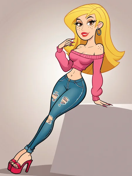 score_9, score_8_up, score_7_up, (toon \(style\):1),(flat colors:1),facing viewer,ultra high quality,ultra high resolution,ultra , seductive,(extremely detailed), detailed background,,(masterpiece, best quality, high quality, highres, ultra-detailed),full body,inside, bedroom in background, spotlight effects.,close up, cowboy shot,   dutch angle ,perfect eyes,perfect face,,narrow waist,perfect breasts,perfect eyes,perfect face,eager expression,earrings,facing viewer, 
<lora:Veronica_Stoppable:0.9> veronica stoppable, toon (style), flat color, freckles, narrow waist,  brown eyes, long hair,  long eyelashes,  long hair, brown eyes, seductive smile, long eyelashes, medium breasts, wide hips, long legs, red lips, looking at viewer,blonde hair, Off-the-shoulder sweater , pastel pink sweater, ripped skinny jeans, fashionable platform sandals, oversized hoops,midriff,long nails,