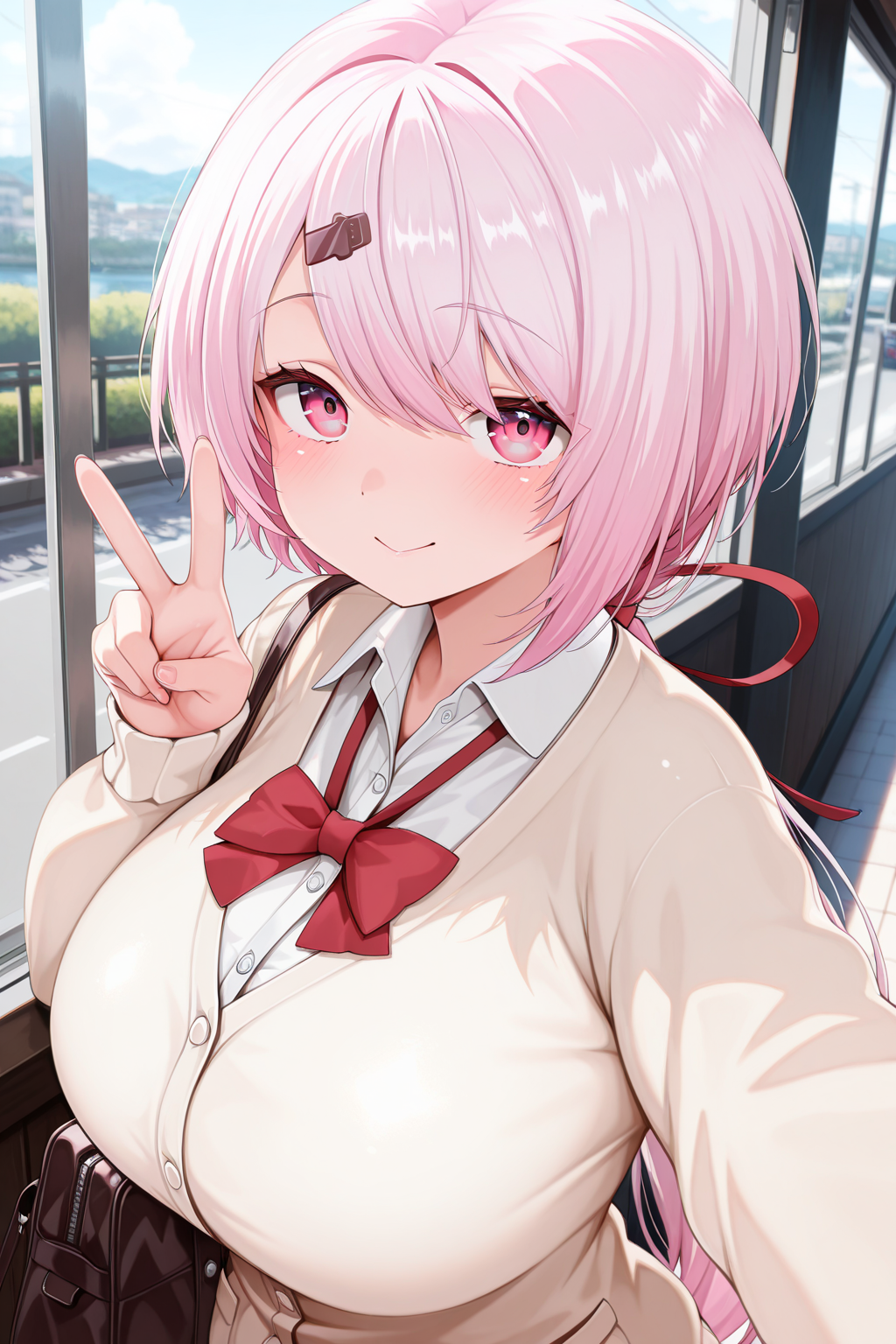 1girl, ShiinaYuikaNijisanji,
general, solo, dynamic angle,
pink hair, pink eyes, ponytail, huge breasts,
cardigan, collared shirt, neck ribbon,
dating, v,
looking at viewer,
<lora:kp_ShiinaYuikaNijisanji1stCostumeIllustrious_v1_0:1.0>,
masterpiece, best quality, amazing quality