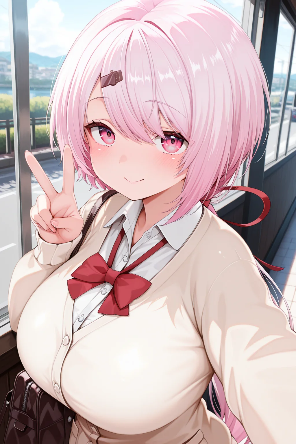 1girl, ShiinaYuikaNijisanji,
general, solo, dynamic angle,
pink hair, pink eyes, ponytail, huge breasts,
cardigan, collared shirt, neck ribbon,
dating, v,
looking at viewer,
<lora:kp_ShiinaYuikaNijisanji1stCostumeIllustrious_v1_0:1.0>,
masterpiece, best quality, amazing quality