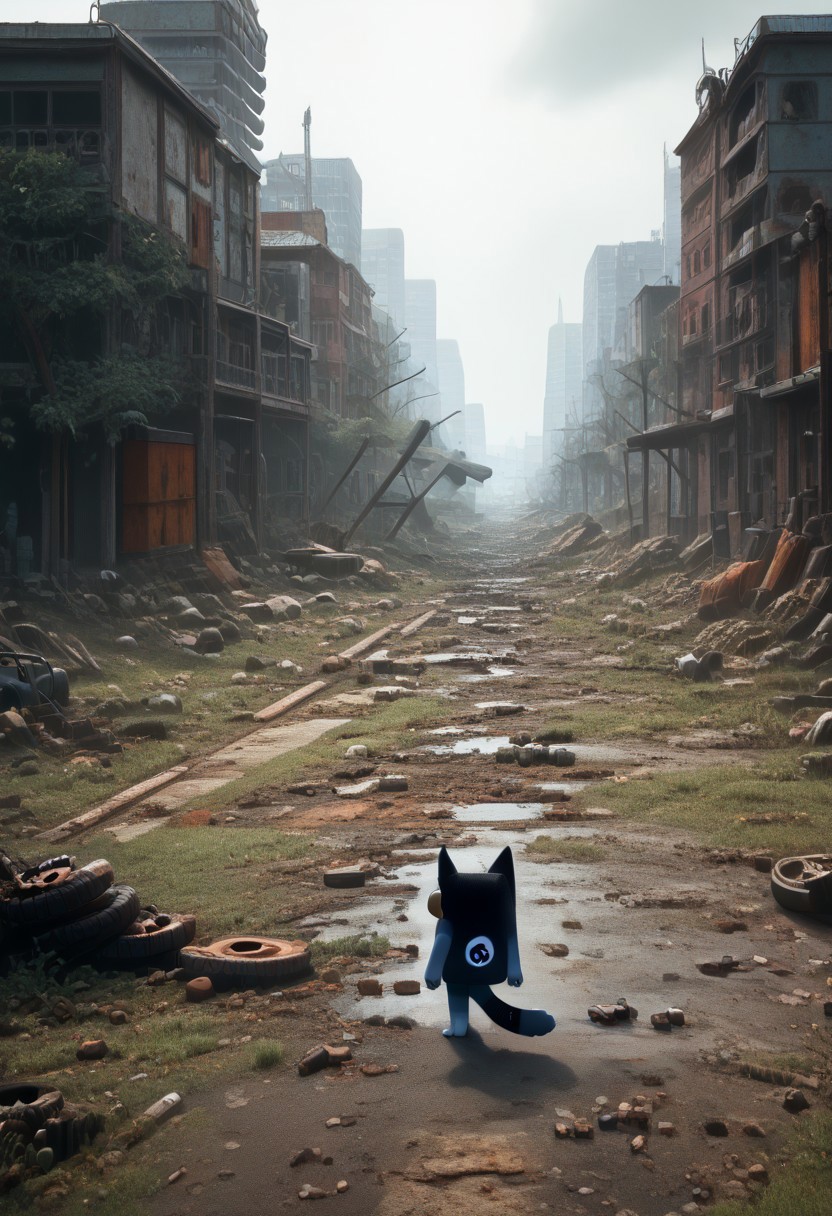 score_9, score_8_up, score_7_up, score_6_up source_anime, ruanyi0723,post-apocalypse,overgrown,moss, ((1boy, bluey style, blueyxl, boxchibi, bandit heeler, cartoon, dog, furry, white sclera, empty eyes, black eyes, thick eyebrows, dog tail, dog ears, black nose, wearing survival gear, wearing a survival backpack, holding a gun, shotgun in hand, walking on two legs, wandering on the road)), ((cautious, scared expression)), watching out for monsters, BREAK, realistic background, 2d character, outdoor, post-apocalypse, destroyed buildings, overcast, cloudy, realistic, overgrown post apocalyptic street, broken cars, dilapidated houses, houses covered in moss, road is damaged, side view, depth of field,