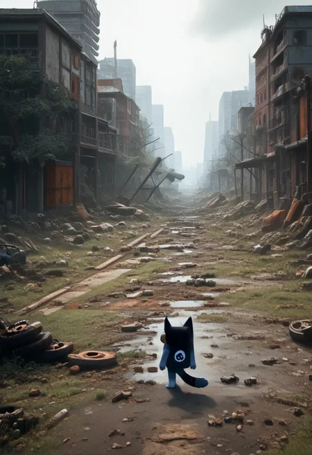 score_9, score_8_up, score_7_up, score_6_up source_anime, ruanyi0723,post-apocalypse,overgrown,moss, ((1boy, bluey style, blueyxl, boxchibi, bandit heeler, cartoon, dog, furry, white sclera, empty eyes, black eyes, thick eyebrows, dog tail, dog ears, black nose, wearing survival gear, wearing a survival backpack, holding a gun, shotgun in hand, walking on two legs, wandering on the road)), ((cautious, scared expression)), watching out for monsters, BREAK, realistic background, 2d character, outdoor, post-apocalypse, destroyed buildings, overcast, cloudy, realistic, overgrown post apocalyptic street, broken cars, dilapidated houses, houses covered in moss, road is damaged, side view, depth of field,