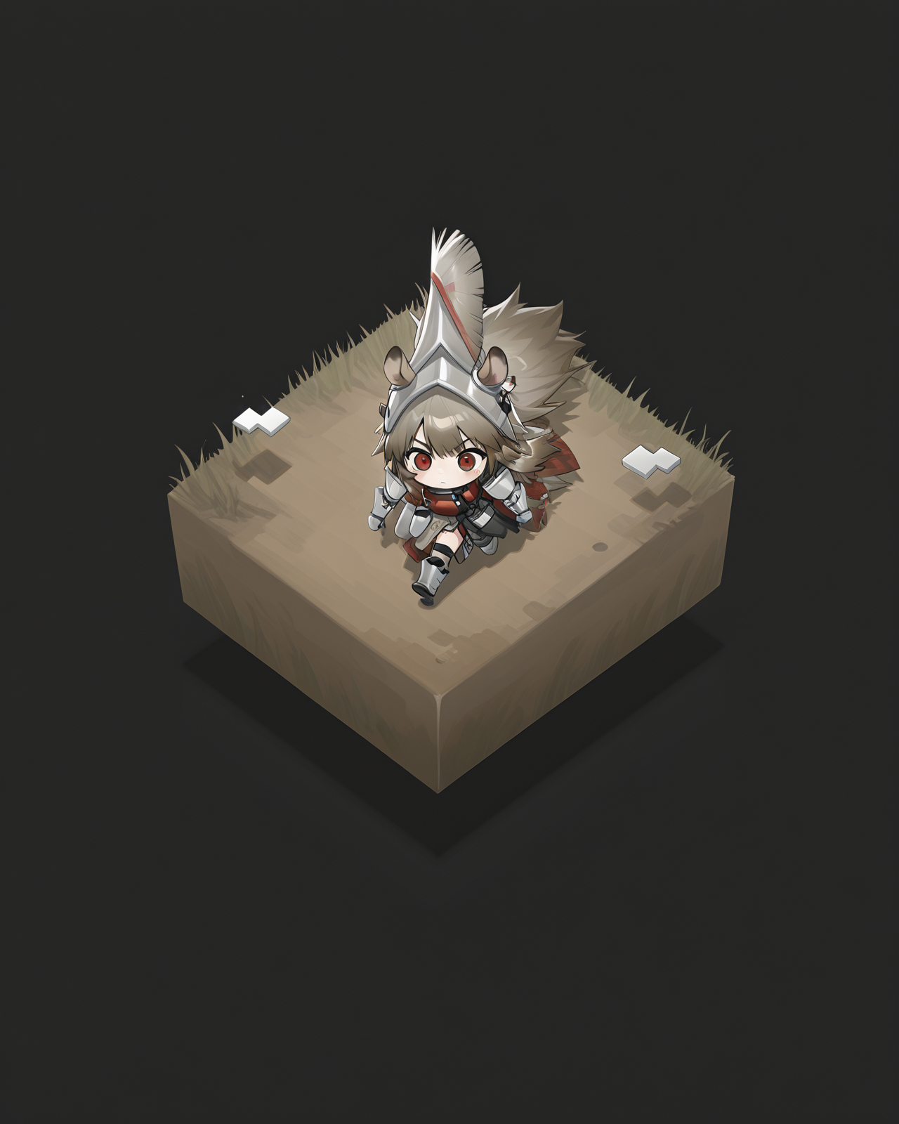 masterpiece, best quality, beautiful accurate depth-of-field, 1girl, solo, w1ldman3AK, WMAK helmet, WMAK Armor, WMAK gauntlets, WMAK boots, horse ears, horse ears, horse tail, tagged ear, red eyes, very-long hair, chibi, parody, isometric 2d, from above, running down a dirt road by the grass, floating square, black background