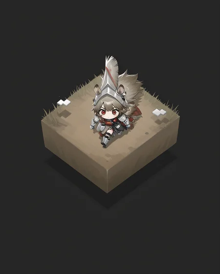 masterpiece, best quality, beautiful accurate depth-of-field, 1girl, solo, w1ldman3AK, WMAK helmet, WMAK Armor, WMAK gauntlets, WMAK boots, horse ears, horse ears, horse tail, tagged ear, red eyes, very-long hair, chibi, parody, isometric 2d, from above, running down a dirt road by the grass, floating square, black background