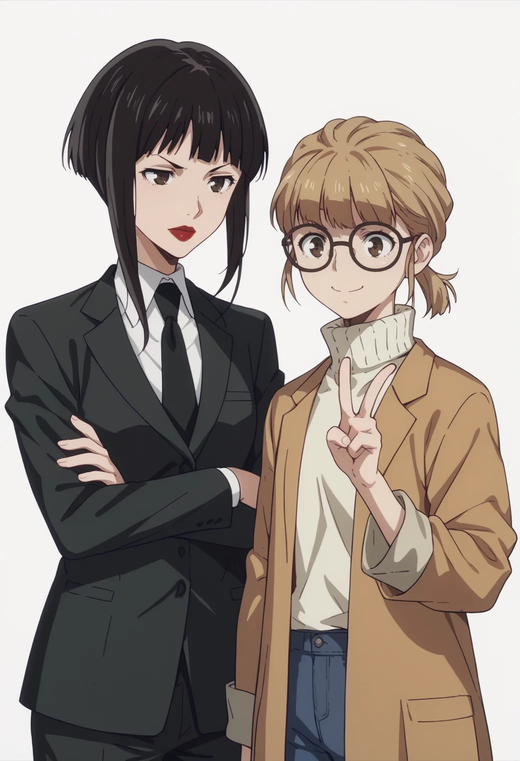 score_9, score_8_up, score_7_up, source_anime, 2girl, white background,  BREAK
 <lora:DX888AmamiyaChicory:1> , size difference,  BREAK
amamiya, black hair, black eyes, short hair with long locks, lipstick, suit, formal,necktie, pants, light smile, crossed arms,  BREAK
monki chicory, brown hair, short ponytail, brown eyes, turtleneck sweater, coat, glasses, pants, size difference, v pose, smile,   BREAK