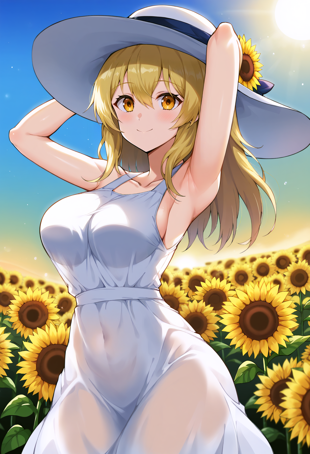 score_9, score_8_up, score_7_up, score_6_up, score_5_up, score_4_up,
simple background, gradient background,
refraction, caustics, rim lights, backlighting, bloom,
BREAK
source_anime, day, outdoors, sky, flower field, sunflower, sunflower field, sunset,
BREAK
1girl, sundress, sunhat, blonde hair, large breasts, see-through silhouette, happy, hair between eyes,
arms up, armpits, light smile,
 <lora:Greem Bang-v3-PDXL:1>