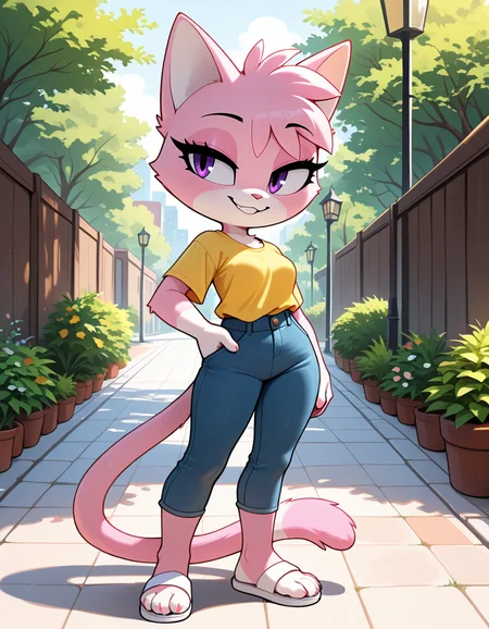 masterpiece, best quality, very aesthetic, absurdres,
outdoors, casual,
full body, standing, posing,
seductive smile, parted lips, long eyelashes,
<lora:Jana_v01_NAIXL:1>
J4n4,1girl,solo,furry,furry female,cat girl,cat ears,purple eyes,animal nose,body fur,two-tone fur,pink fur,white fur,cat tail,