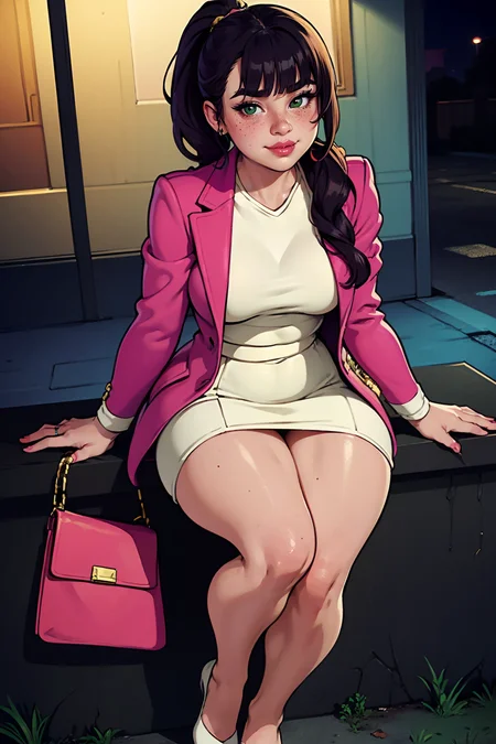 highres, masterpiece, perfect lighting, bloom, night, dark, cinematic lighting, adult, female, looking at viewer, full body, feet out of frame, (RSEEmma:1.5),<lora:RSERomantic_RSESofiko_RSEEmma-v1:0.3>, (small breasts:1.4), wide hips, thick thighs, edgCJ, wearing edgCJ, chic jacket, blunt bangs, black hair:pink hair, messy mid ponytail, green eyes, thick eyebrows, freckles, full lips, smug, smirk, <lora:weight_slider_v2:1.25> <lora:edgChicJackets:0.8>