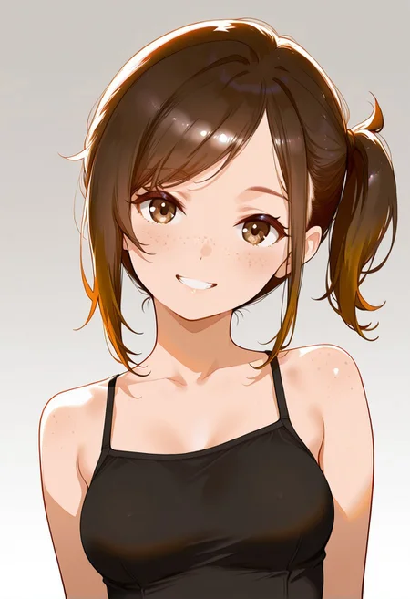 masterpiece, best quality, amazing quality, very aesthetic, absurdres, newest, 1girl, solo, (minimalism:1.2), flat-colors, flat-shading, monochrome, (spot-color), medium breasts, whole body shot, brown-eyes, brunette, side-ponytail, freckles, smile, grin, head-tilt, clothed, facing-viewer, abstract-background, two-tone-background, gradient-background, detailed hair, volumetric lighting, realistic-lighting,