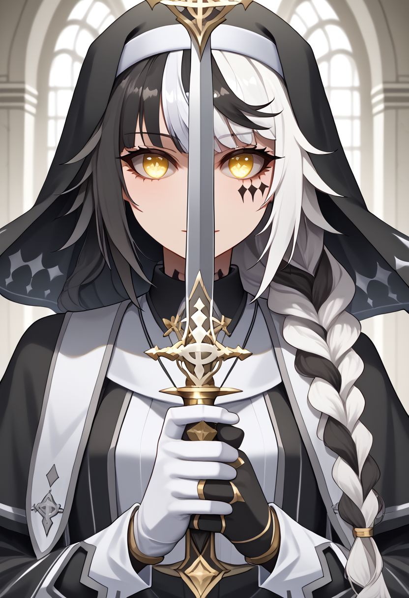 1girl, absurdres, solo, long hair, black hair, streaked hair, two-tone hair, yellow eyes, braid, white hair, multicolored hair, facial mark, braided ponytail, veil, nun, habit, black capelet, asymmetrical gloves, mismatched gloves, swordup, looking at viewer, close-up