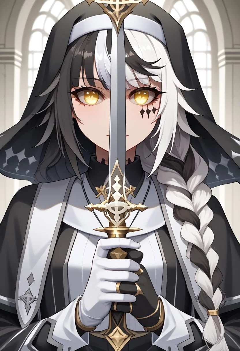1girl, absurdres, solo, long hair, black hair, streaked hair, two-tone hair, yellow eyes, braid, white hair, multicolored hair, facial mark, braided ponytail, veil, nun, habit, black capelet, asymmetrical gloves, mismatched gloves, swordup, looking at viewer, close-up