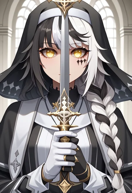 1girl, absurdres, solo, long hair, black hair, streaked hair, two-tone hair, yellow eyes, braid, white hair, multicolored hair, facial mark, braided ponytail, veil, nun, habit, black capelet, asymmetrical gloves, mismatched gloves, swordup, looking at viewer, close-up