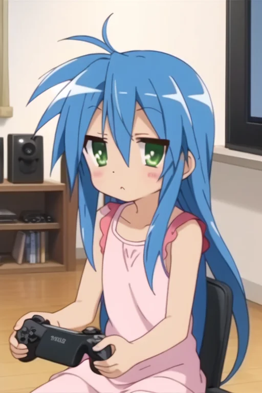 best quality, (konataFull-10000:.9), ((playing video games, controller in hand)), pouting