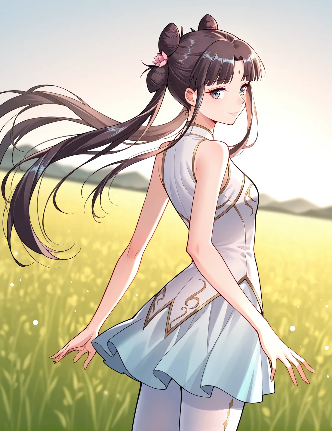 <lora:Gu_Xianer:1>
1 girl, solo, long hair, black hair, twintails, long hair, hair bun, bangs, sidelocks, double bun, blue eyes
chinese dress, forehead mark, skirt, high heels, bare shoulders, white pantyhose, sleeveless, hair flower, hair ornament
score_9, score_8_up, score_7_up, very aesthetic, source_anime, detailed, high quality, beautiful, masterpiece, detailed eyes, field, blurry background, pose dynamic angle, upper body, cowboy shot, light smile, looking back, reaching out, floating hair