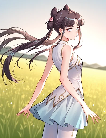 <lora:Gu_Xianer:1>
1 girl, solo, long hair, black hair, twintails, long hair, hair bun, bangs, sidelocks, double bun, blue eyes
chinese dress, forehead mark, skirt, high heels, bare shoulders, white pantyhose, sleeveless, hair flower, hair ornament
score_9, score_8_up, score_7_up, very aesthetic, source_anime, detailed, high quality, beautiful, masterpiece, detailed eyes, field, blurry background, pose dynamic angle, upper body, cowboy shot, light smile, looking back, reaching out, floating hair