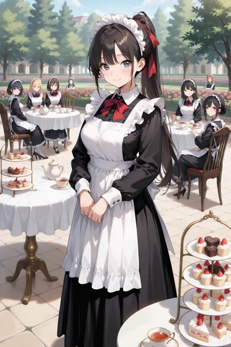 masterpiece, top quality, absurdres very aesthetic, general, intricate details, clean thin outline, newest, very awa, amazing quality,
(8+ girls:1.4),(detailed eyes:1.3),(blush:1.0),(smile:0.9),look at viewer, breasts,
(maid hairband:1.0), cute maids, white maid apron, (traditional maid collared shirt:1.0), maid black long skirt, black hair, ponytail,
in fantastic tea party, rose, garden, antique chair, (table sets, antique big round table:1.3), tea set, tiered tray, outdoors, cake, pastry, dessert, 100+ flowers