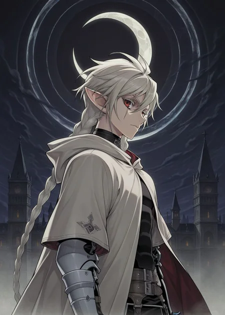 masterpiece, best quality, arms at sides, male focus, 1boy, male, looking at viewer, upper body, crescent moon, night, gothic background, facing to the side, holding sword,
<lora:Koinzell:0.8>, Koinz0l, red eyes, platinum blonde hair, scar across eye, pointy ears, twin braid, platinum blonde eyelashes, cape, hooded cloak,
