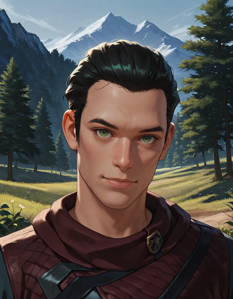 masterpiece, best quality, newest, perfect quality, best quality, detailed background, intricate details, male focus, solo, realistic, <lora:SWTOR - Vector Hyllus - Illustrious-000004:0.8>, swtor_vector, 1boy, black hair, short hair, sideburns, green eyes, long coat, outdoors, trees, plants, mountain, looking at viewer, portrait, head tilt, (smile:0.5)