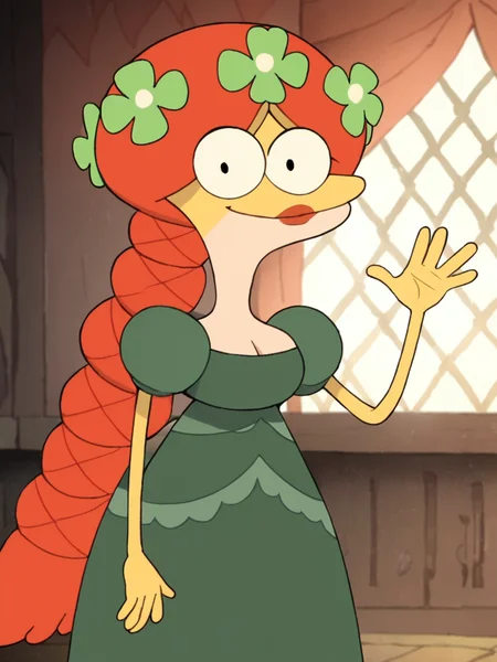 score_9, score_8_up, score_7_up, score_6_up, BREAK, FeliSundew, 1girl, solo, dress, four-leaf clover hair ornament, long hair, green dress, lipstick, braid, red hair, smile, upper body, raise left hand, waving, looking at viewer <lora:Felicia_Sundew:1>
